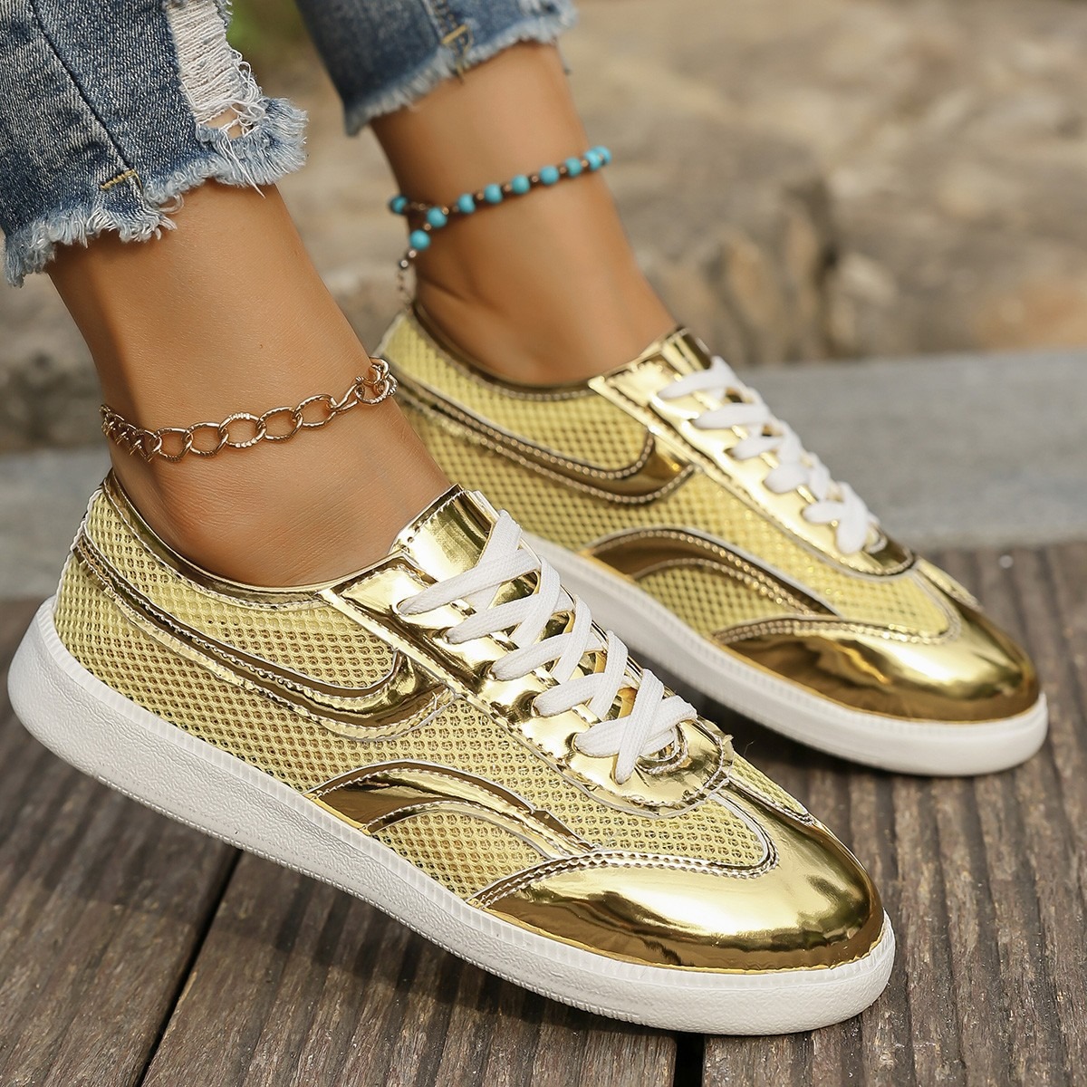 New Women's Sneakers Breathabl - Knit Fabric Lace Up Sneakers 评论和价格