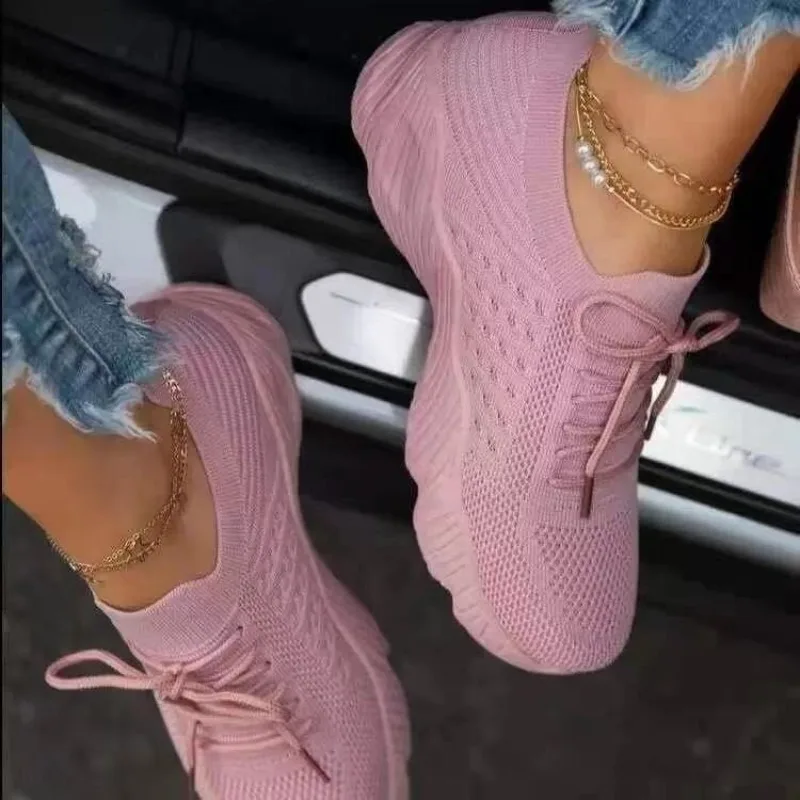 Women's Casual Knit Sneakers B - Knit Fabric Lace Up Sneakers 评论和价格