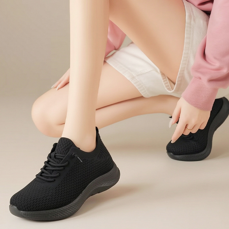 Summer Ladies Breathable Mesh  - Knit Fabric Lace Up Sneakers 评论和价格