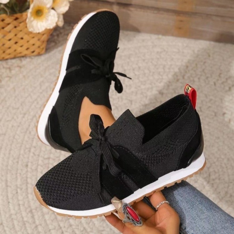 New Black Knit Breathable Wome - Knit Fabric Lace Up Sneakers 评论和价格