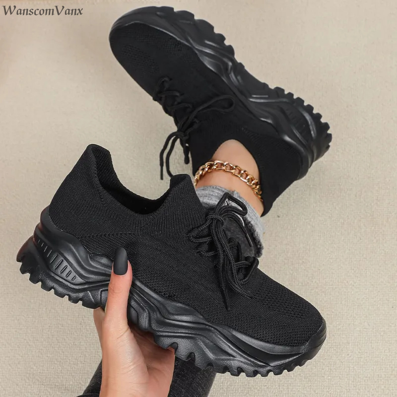 Fashion Chunky Platform Sneake - Knit Fabric Lace Up Sneakers 评论和价格