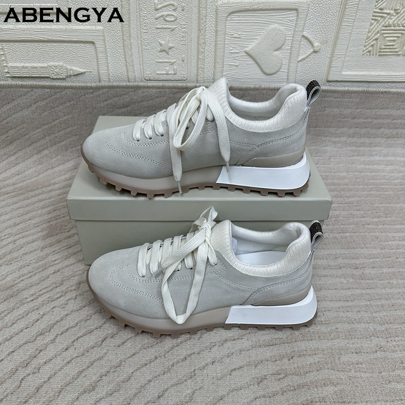 2025 White Knitted Suede Flat  - Knit Fabric Lace Up Sneakers 评论和价格